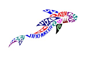 Polynesian style birthdate shark tattoo