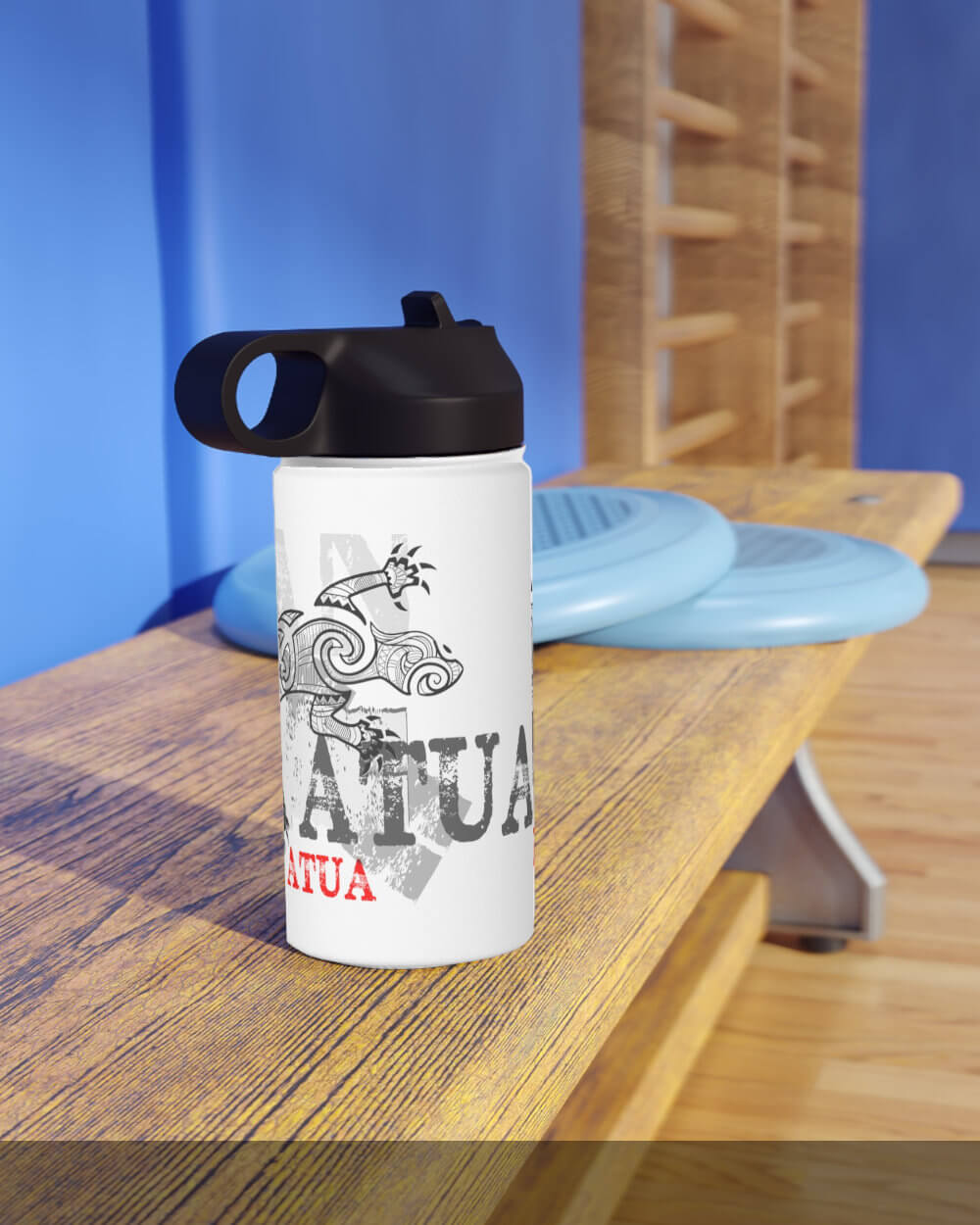 Mana Atua white stainless steel bottle with maori lizard tattoo